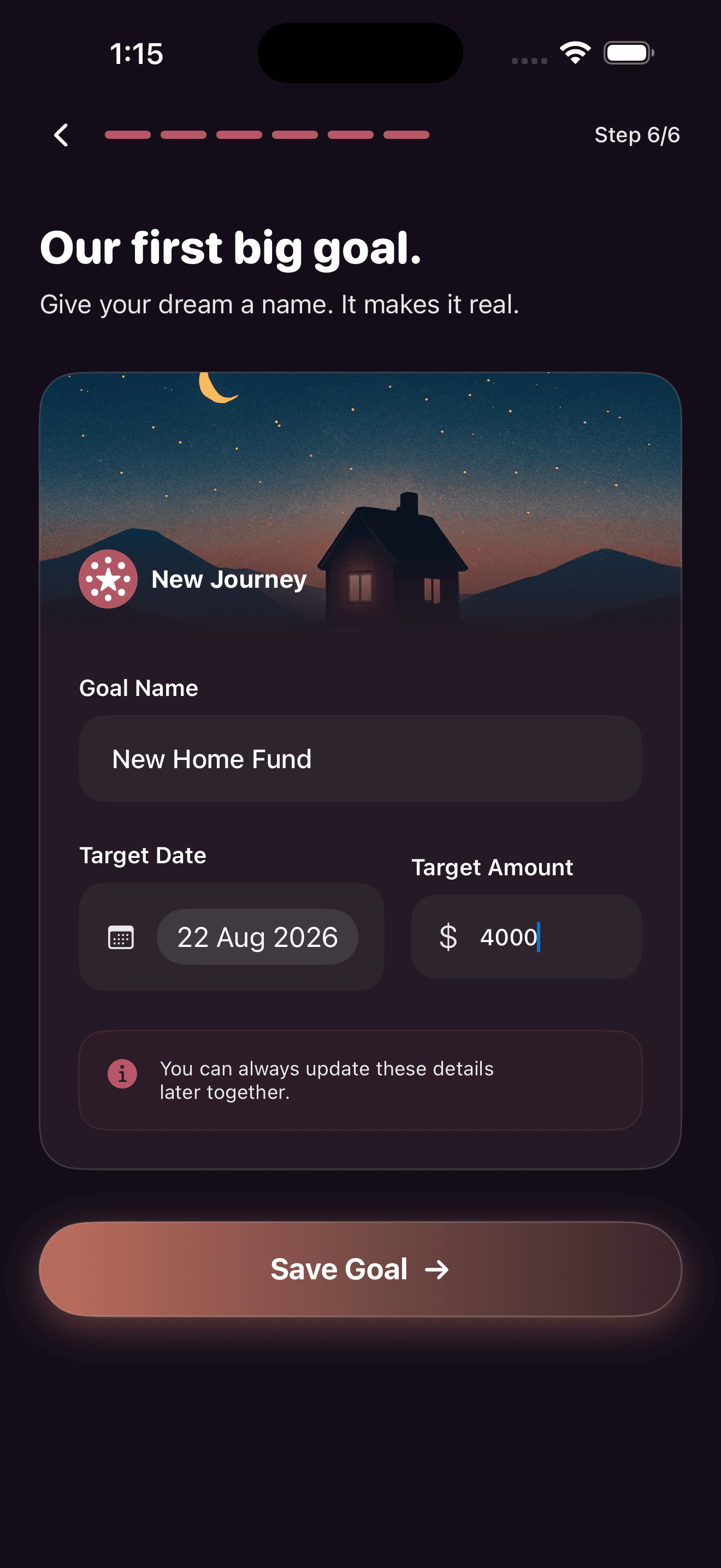 Couple Connect first shared goal screen