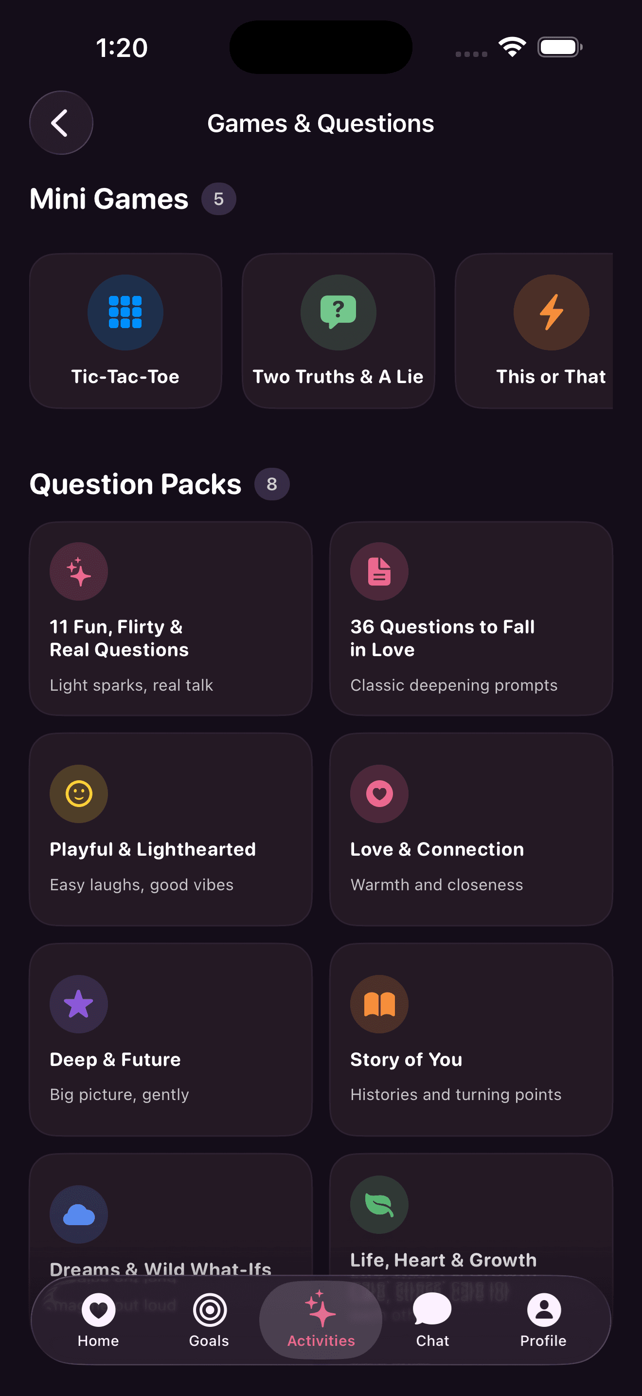 Couple Connect Games & Questions screen
